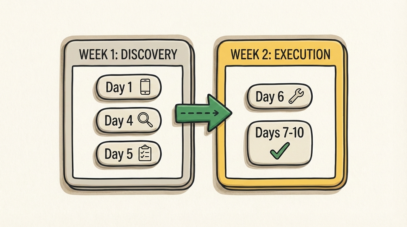 Timeline двотижневого AI аудиту: Week 1 Discovery, Week 2 Execution