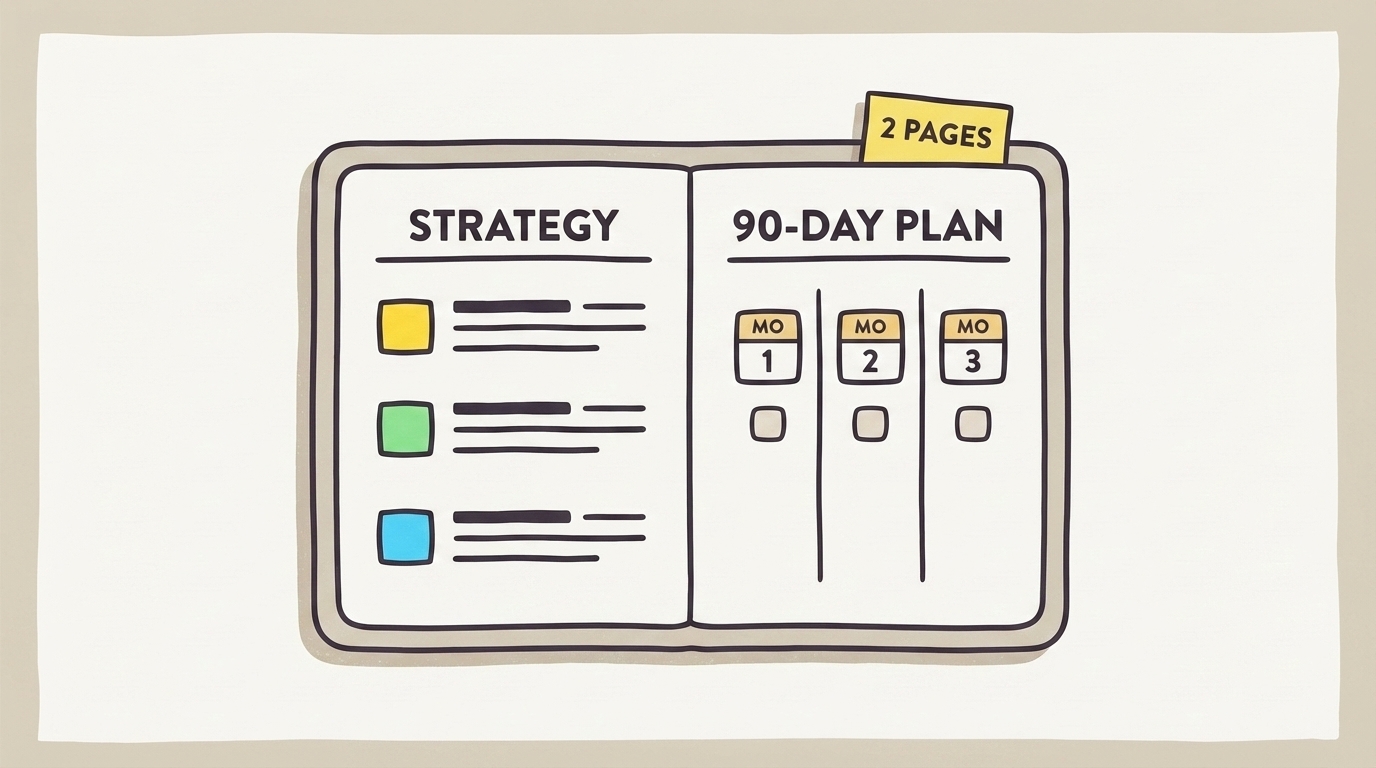 What a good AI strategy document looks like: two pages -- strategy on the left, 90-day plan on the right