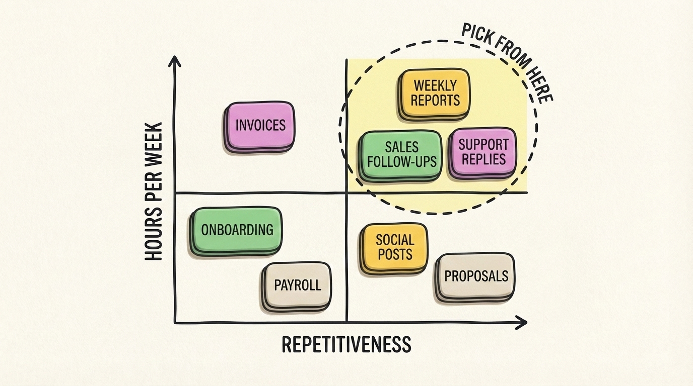 Матриця скорингу процесів: вісь годин на тиждень і вісь повторюваності, з лемонним квадрантом "pick from here"
