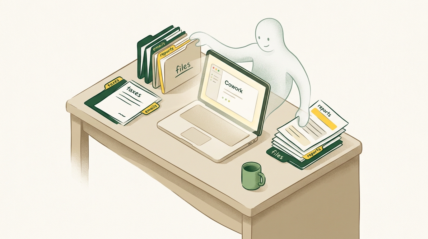 A warm craft-studio illustration of Claude Cowork organizing files on a desk