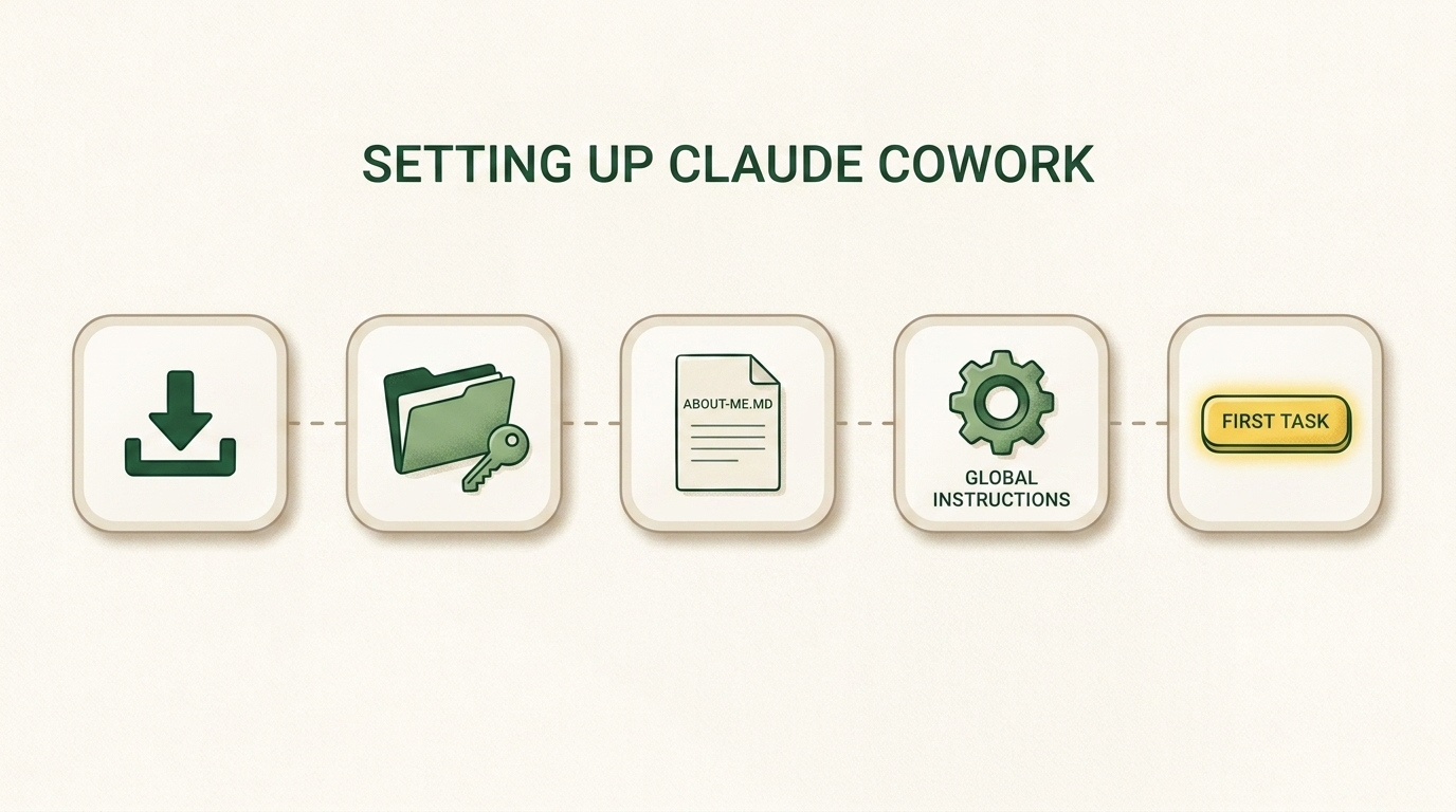 A horizontal 5-step setup flow for Claude Cowork: download, grant folder access, about-me.md, global instructions, first task