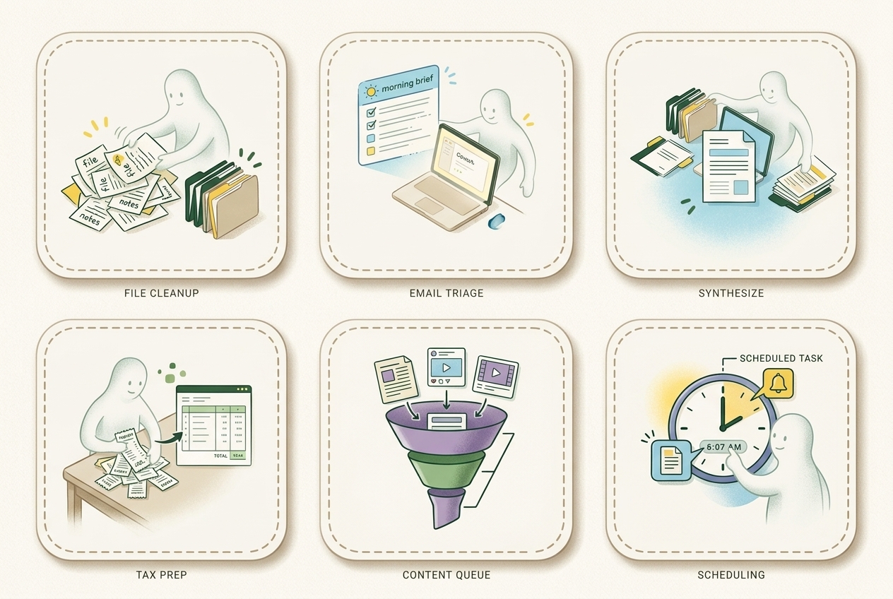 A 2x3 grid of Claude Cowork use cases: file cleanup, email triage, tax prep, research synthesis, marketing content, scheduled tasks